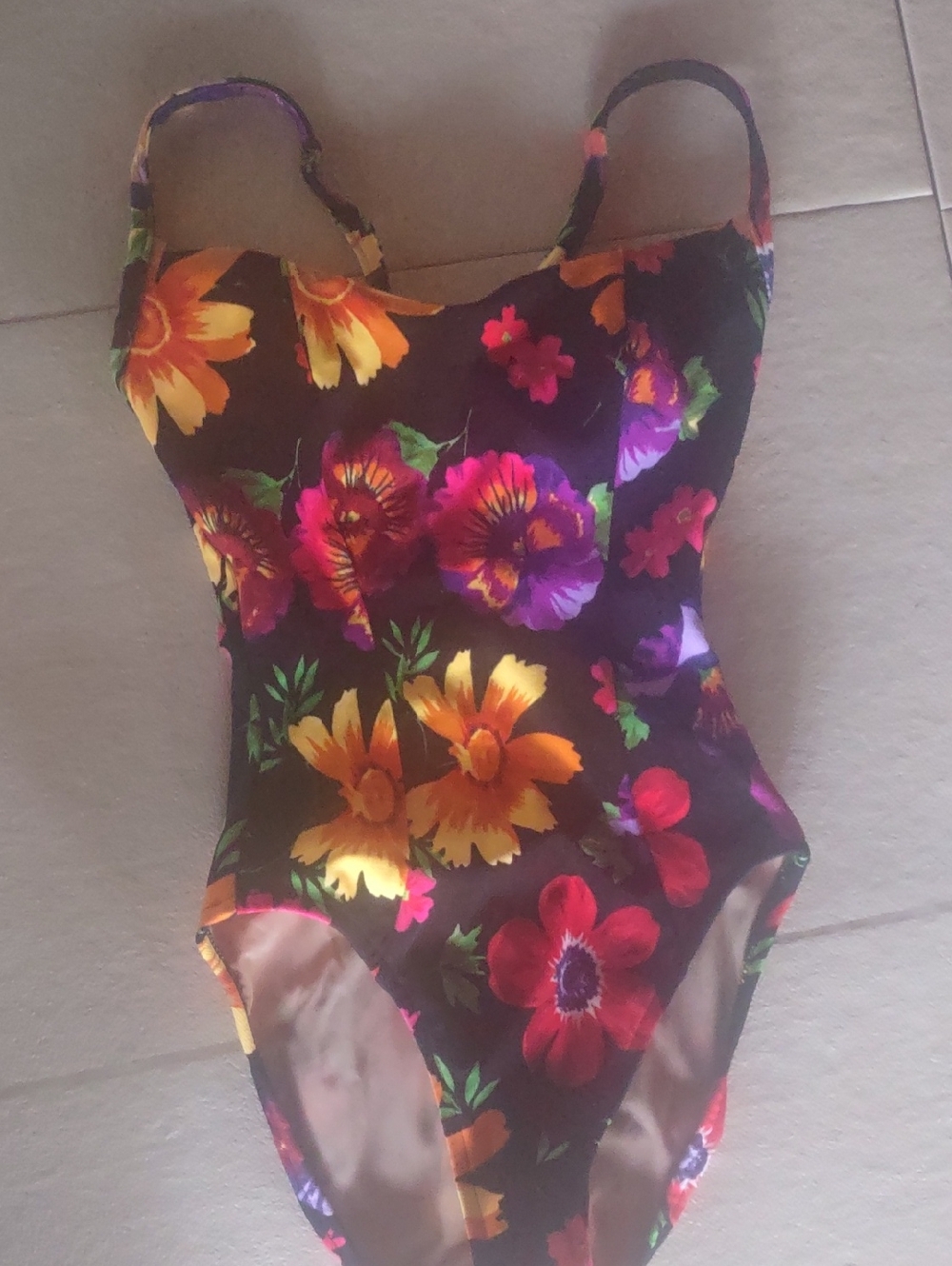 Vtg Floral One-Piece Swimsuit in Black with Vibrant Blooms Illusions 80/90's S/M